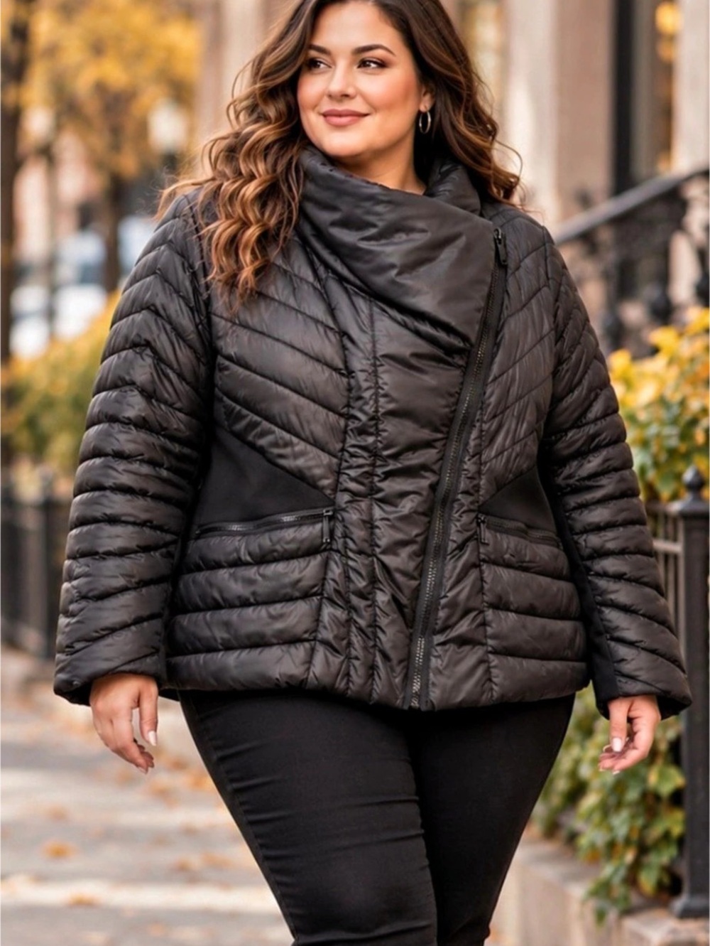 Nicole Miller 2X Black Asymmetrical Funnel Neck Quilted Puffer Jacket